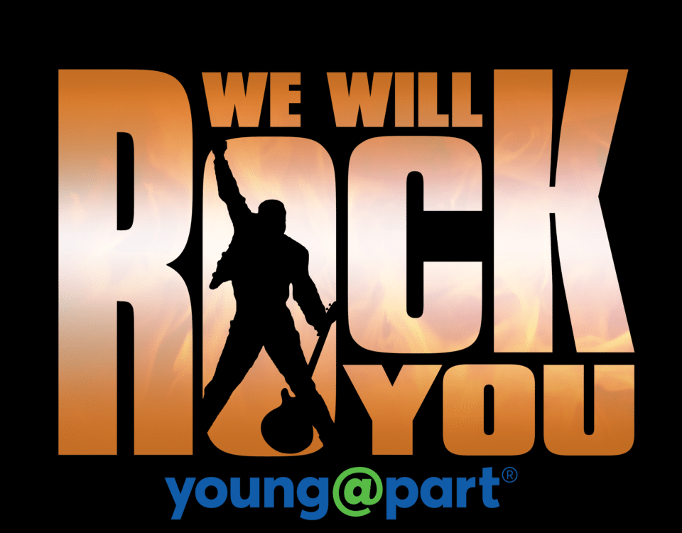 Poster for Gorton Drama Studio's "Queen: We Will Rock You!" Features vibrant graphics with young actor performing,