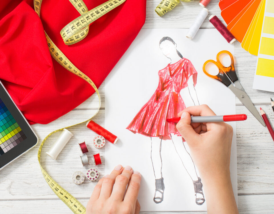 fashion sketch and sewing items