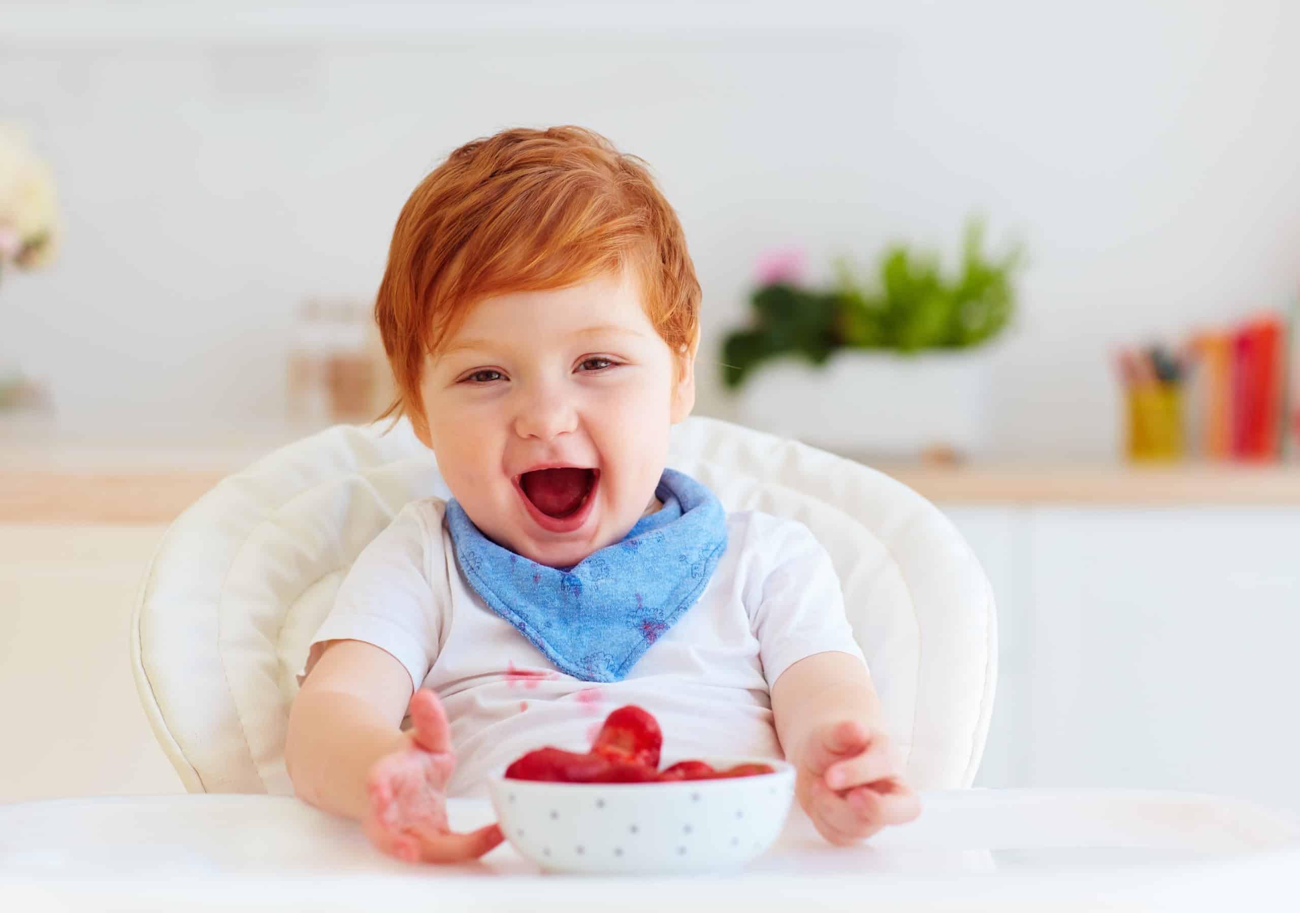 Happy red-headed child (toddler) in a high chair eating strawberries. Babysitting
