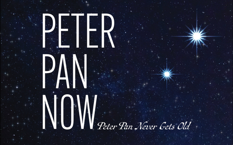 Starry Sky with two larger, brighter stars and the words: Peter Pan Now
