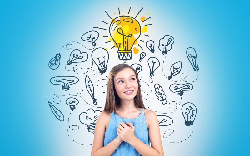 Girl with illustrated lgihtbulb above her head
