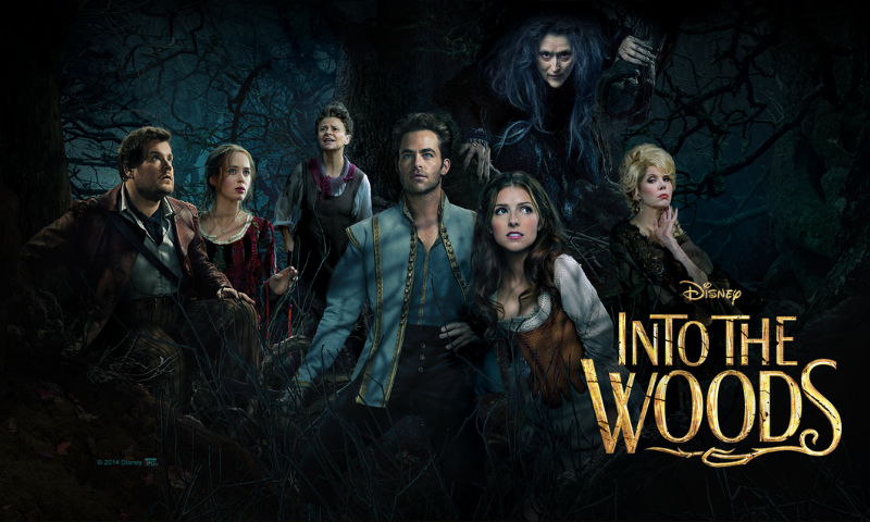 Promotional poster for Disney's Into the Woods featuring the main characters in a dark forest setting, including the Witch, Cinderella, the Baker, and the Prince.