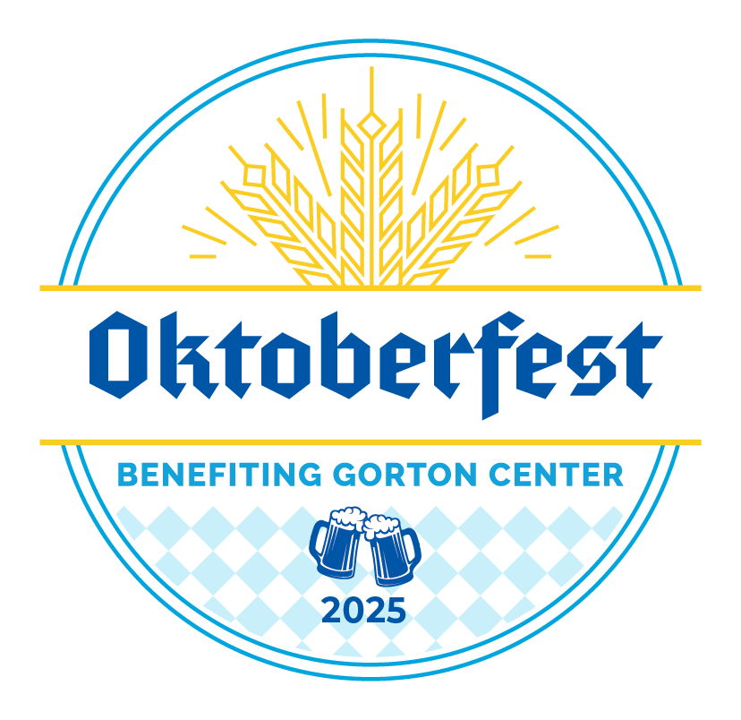 2025 Oktoberfest logo final 01 a grey checkered background with yellow wheat leaves and 'Oktoberfest' written in old fashioned font and underneath it reads 'benefiting gorton center' with two beer steins in a 'cheers' position underneath