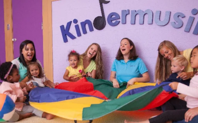 Mothers and young children sitting in a circle with holding a rainbow colored parachute on the floor between them