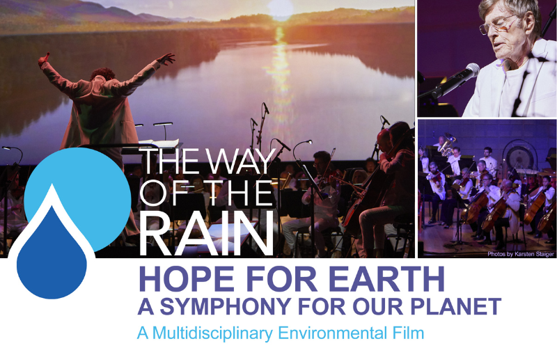 A collage of 3 images- the largest of a conductor in front of an orchestra with a screen behind them showing a body of water with the sun rising over it, an image of a man speaking into a microphone and an image of orchestra members playing their instruments