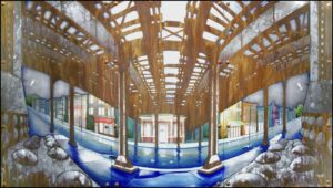 Armitage Station painting by Jason Patrick Miller- a panoramic view outside of the Armitage train station with the train tracks above, clouds in the sky and ice/snow on the street