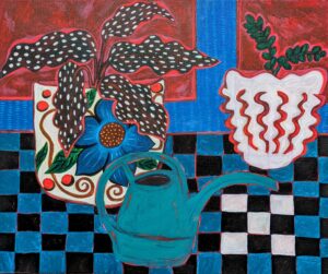 A painting by artist Anna Lentz: a red and blue background, a blue, white and black checkered surface with a blue pitcher and two plants, each in a colorful pot. 