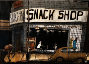 A painting by artist Aaron Wooten-looking into a 'snackshop' open at night with 2 people eating alone inside while two other people walk past