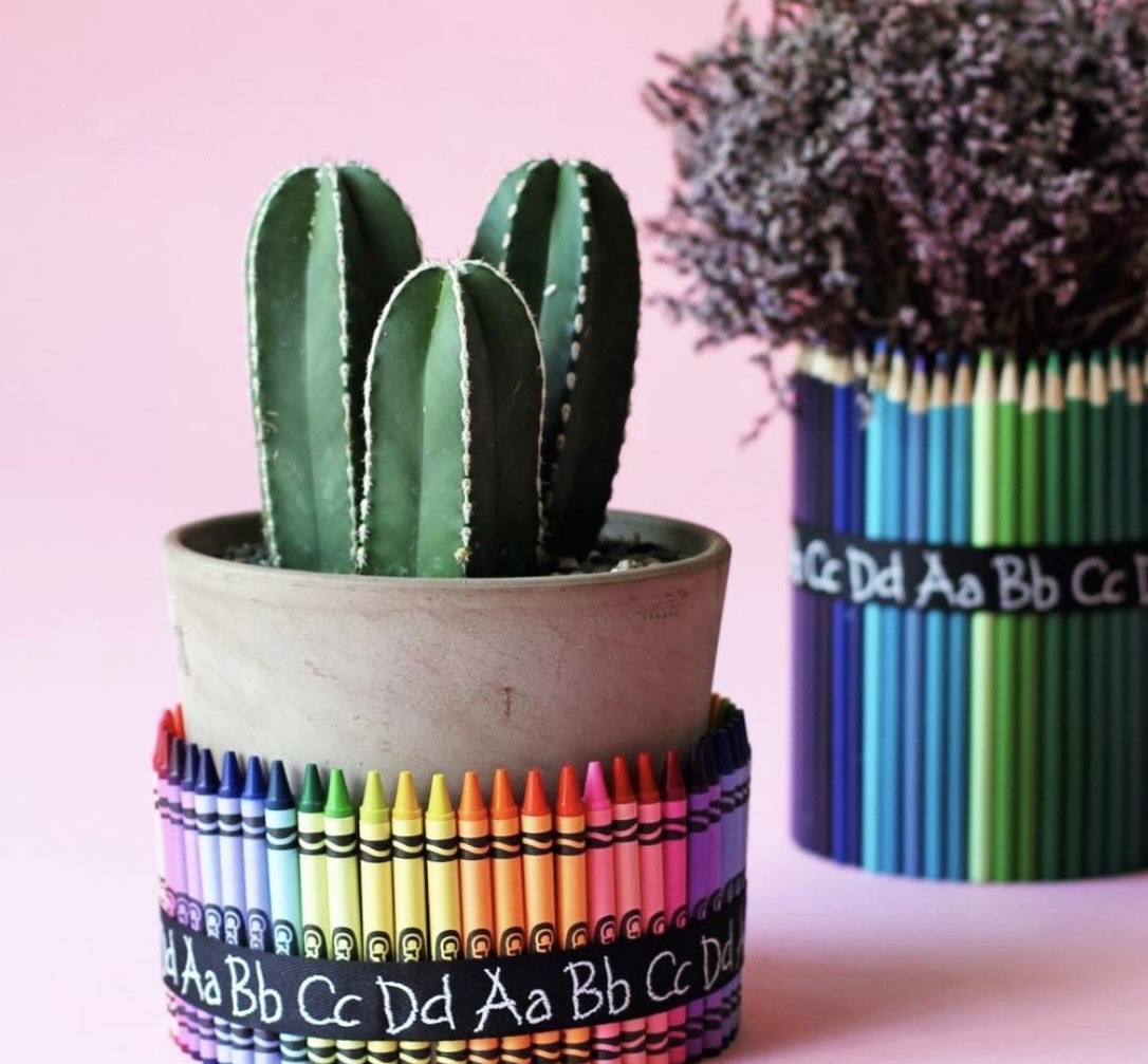 An image of a vase made in the vase and bookmark workshop. The vase has crayons going all around the bottom and is holding a small cactus.