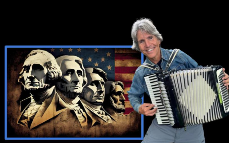 Mr. V playing accordion in front of Mount Rushmore