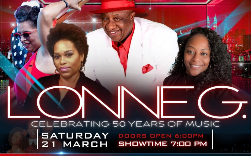 A poster for the Striving and Surviving foundations concert celebrating 50 years of music from Lonnie G- Lonnie is looking at the camera with two women posed in front of him and another behind him holding an electric guitar behind her back.