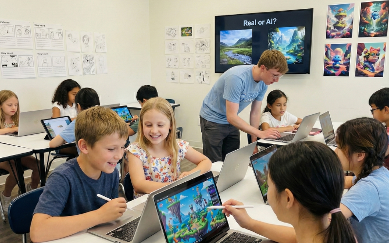Overture AI class with children on computers
