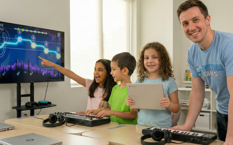A group of students gathered around a computer. Their teacher is to their right and to their left is a big screen with music notes on it