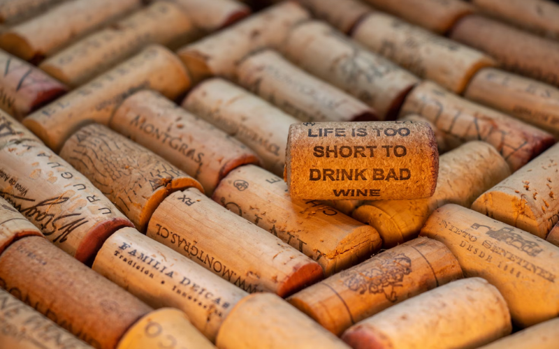 Wine coeks lined up and one on display with "Wine is to short to drink bad wine" printed on it