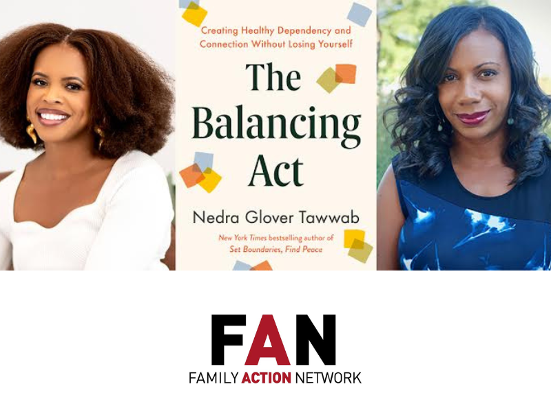 Promotional image for Family action network event The Balancing Act, showing two women and the book cover.