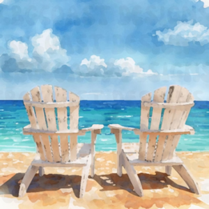 A painting of two Adirondack chairs on a beach. In front of the chairs is a bright blue sky with clouds and clear blue water. 