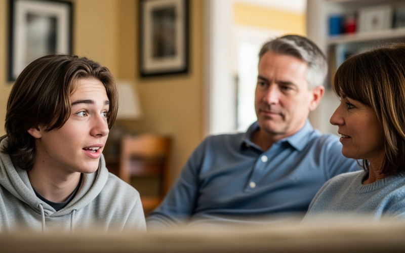 Teenaged boy having a positive conversation with his parents in their home
