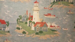 A painting of a lighthouse on an island. IN the water around the lighthouse are small boats.