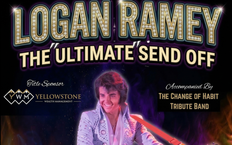 A poster advertising Logan Ramey's tribute to Elvis Presley. Logan's name is at the top in letters that looks diamond filled. Below that it reads 'The 'Ultimate' Send Off" in large, gold letters. Below that is an image of Logo dressed as Elvis, holding a guitar. He is smiling and looking slightly left of the camera.
