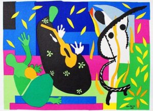 An image of 'The Sorrows of the King' by french artist Henri Matisse. The image features bold colors and abstract shapes such as a guitar, leaves and a lizard tail.