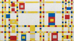 Mondrian An image of the abstract painting, Broadway Boogie Woogie" from dutch artist Piet Mondrian. The image features yellow lines placed in a grid like fashion, almost like a street map. Dotted ong the lines are red, blue and grey squares.