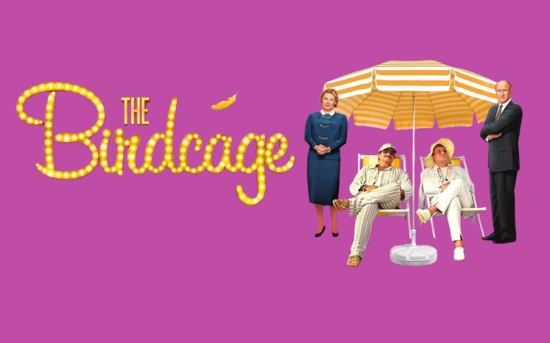 An image set against a bright pink backdrop- A man and woman who are formally dressed are standing and looking at the camera. Between them are two men who are dressed for the beach are lounging on chairs underneath an umbrella. Next to them it reads "the birdcage' in bright yellow letters that look like lights on a marquee.