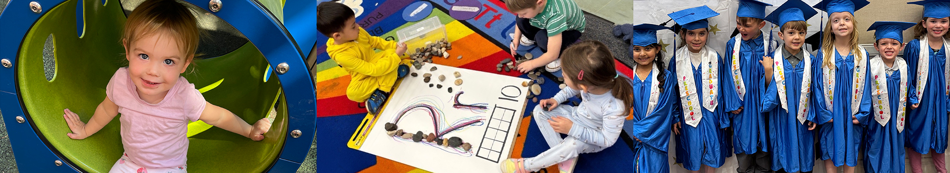 Photos of children at Gorton's Chilcren's Learning Center on the playground, learning letters and graduating from our program