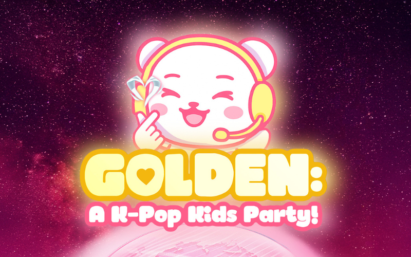 Poster for Golden: A K Pop Kids Party Rave There is a white bear with its eyes closed and pink cheeks wearing a yellow headset. Below the bears head it reads in bubble letters Golden: A K-pop kids party. The backdrop of the image is pink, starry sky