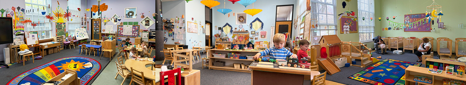 Photo strip showing images of our three classrooms, all with large windows and colorful furnishings