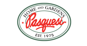 Logo for Pasquesi Home and Gardens- Pasquesi is in bright red script in the middle of a green circle that says 'home and gardens' on top and 'est. 1975 at the bottom