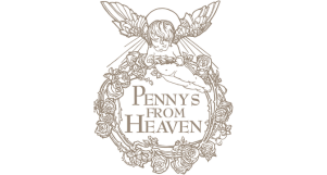 Logo for Penny's From Heaven Boutique. The logo has a small cherub angel with wings. The cherub is holding a wreath or roses and looking down at it. IN the middle of the wreath it says 'penny's from heaven'