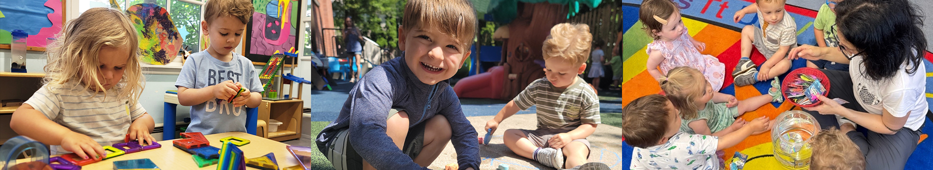photos of kids at our daycare playing with toys, and in the sand and listening to their teacher