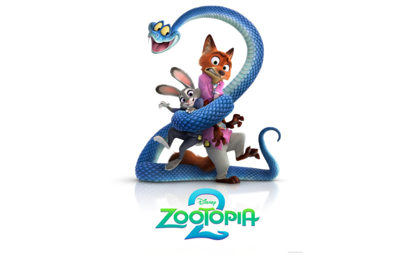 An image for the Disney film 'Zootopia 2"- there is a large, blue snake who's body is in the shape of the number 2 and has a friendly smile. The snake is wrapped around a rabbit and a fox. The rabbit is smiling and looking at the camera and the fox has a very scared look on its face.