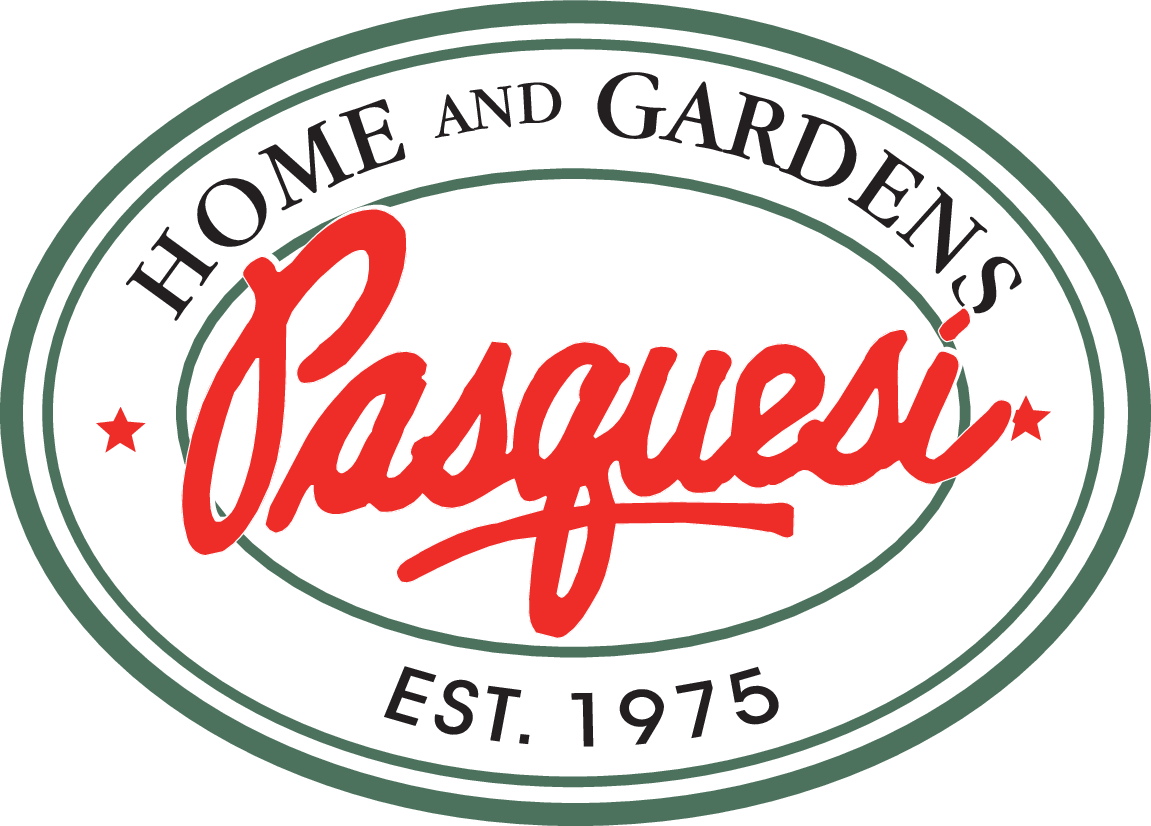 Logo for Pasquesi Home and Gardens- Pasquesi is in bright red script in the middle of a green circle that says 'home and gardens' on top and 'est. 1975 at the bottom
