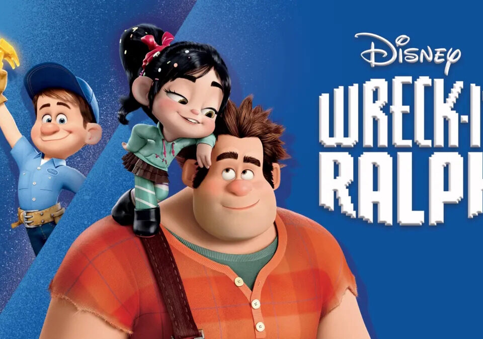 Official poster for the pixar film "Wreck-It Ralph"- there is an image of a large man wearing a red shirt. A young girl is standing on his right shoulder