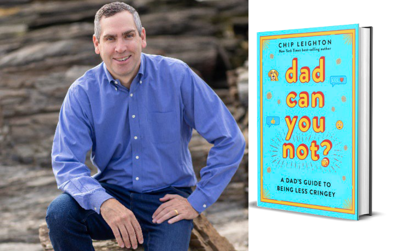 An image of author Chip Leighton sitting on large rocks and smiling directly into the camera. To his right is an image of the cover of his newest book, 'Dad can you not: A Dad's Guide to Being Less Cringey'