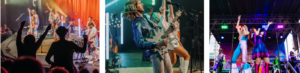 A set of 3 images of the group 'Dancing Queen' performing on stage. 