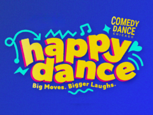 CDC Presents_Happy Dance Logo for Happy Dance by Comedy Dance Chicago. 'Happy Dance' appears in big yellow block letters with hot pink outline. There are electric blue squiggly lines around it. Underneath it says 'big moves, bigger laughs'. In the upper right corner it says 'comedy dance' in smaller, yellow block letters