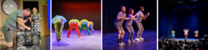 Happy Dance by Comedy Dance Chicago A banner containing 4 images from 'Happy Dance' by Comedy Dance Chicago. The image to the far left has a man kneeling in front of a boom box with a young girl next to him- they are both laughing. The image to the right of that has four people wearing tutus, facing upstage, bent over with googley eyes on their backsides. The next picture to the right has 3 people on stage with their knees bent and hands up at shoulder level. The image to the right of that The image all the way to the left has 3 people on stage in tutus with their hands on their heads.