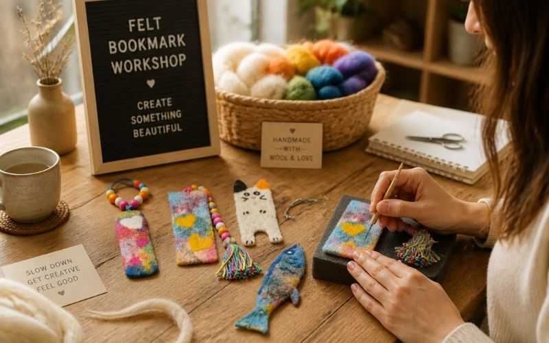 A woman is working at a table in the Felted bookmark Workshop. On the Table is a basket with different colors of felt. Next to it is a small sign that reads ' felt bookmark workshop' and in front of that are 4 felt bookmarks in various colors