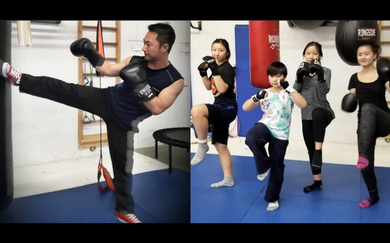 Two images of people kickboxing; the image on the left is of instructor Ken Ning wearing box gloves with his leg up in a kick. The image to the right has 4 people looking at the camera- they are also wearing boxing gloves and have their right legs up with their knees bent
