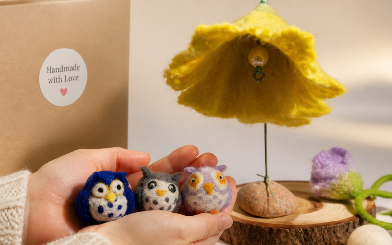 A pair of hands is holding felted owls made in the felted owl workshop. Behind the owls is a small, felted yellow flower standing on a piece of cut wood.