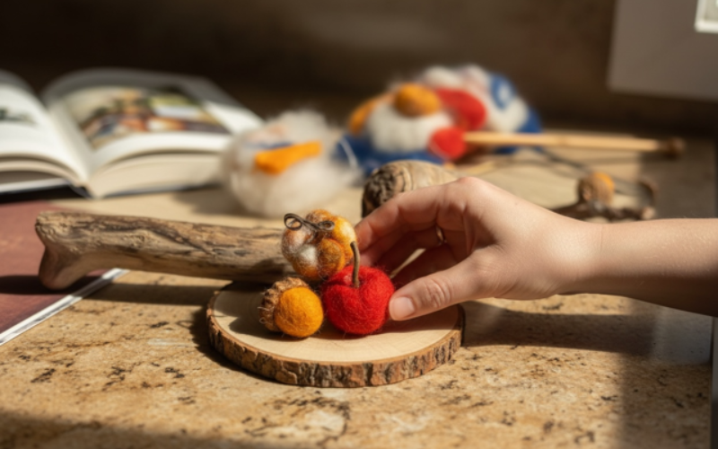 An image of 3 felted items; an apple, an acorn and a pumpkin from the cozy afternoon fall felting workshop. The felt items are displayed on a piece of sliced wood and there is a hand holding them in place. In the background is a book and some fabric