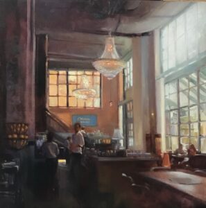An image of the painting 'crafting cocktails' by Kathleen Neuman. The painting is of the interior of the Allis Soho House. There are large chandeliers hanging from the ceiling and large windows with lots of light pouring in. THere is a couple at a table and a few employees by the bar.