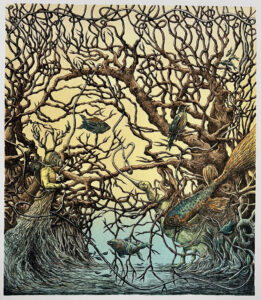 A print by Deborah Maris Lader- there are large, tree like structures with lots of twisty branches. There are also fish and a scuba diver entwined in the branches