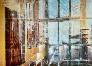 An abstract painting by Diana Leviton Gondek. There is a large set of windows letting light into a room with yellow walls. 