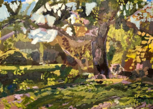 An image of a painting by Fred Draper. The image is of a large tree on a grassy knoll. There are flowers painted around it- the brush strokes are sharp 