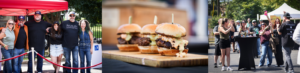 A series of 3 images: the first from the left is an image of the judges and hosts of the 2025 burger battle. The second is a picture of 3 burgers on a cutting board. The last image is of a group of people around a high boy table at Burger Bash, they are cheering and raising their drinks.