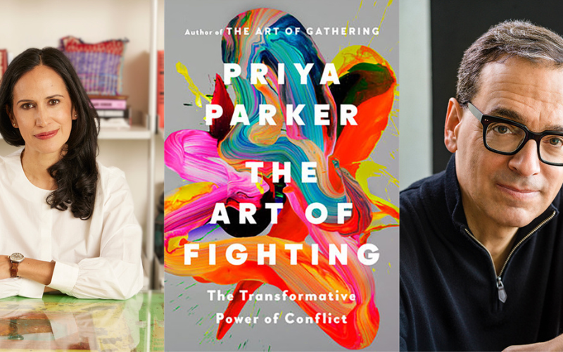 An headshot of author Priya Parker, to her right is an image of the cover of her book, 'The Art of Fighting: The Transformative Power of Conflict. To the right of the book cover is headshot of fellow FAN Author, Daniel Pink