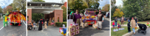 TOT A set of 4 images from the 2025 Trunk or Treat Community Event. There are people wearing costumes and there are car trunks that are decorated and filled with treats